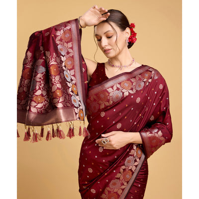 Maroon Floral Woven Banarasi Silk Saree