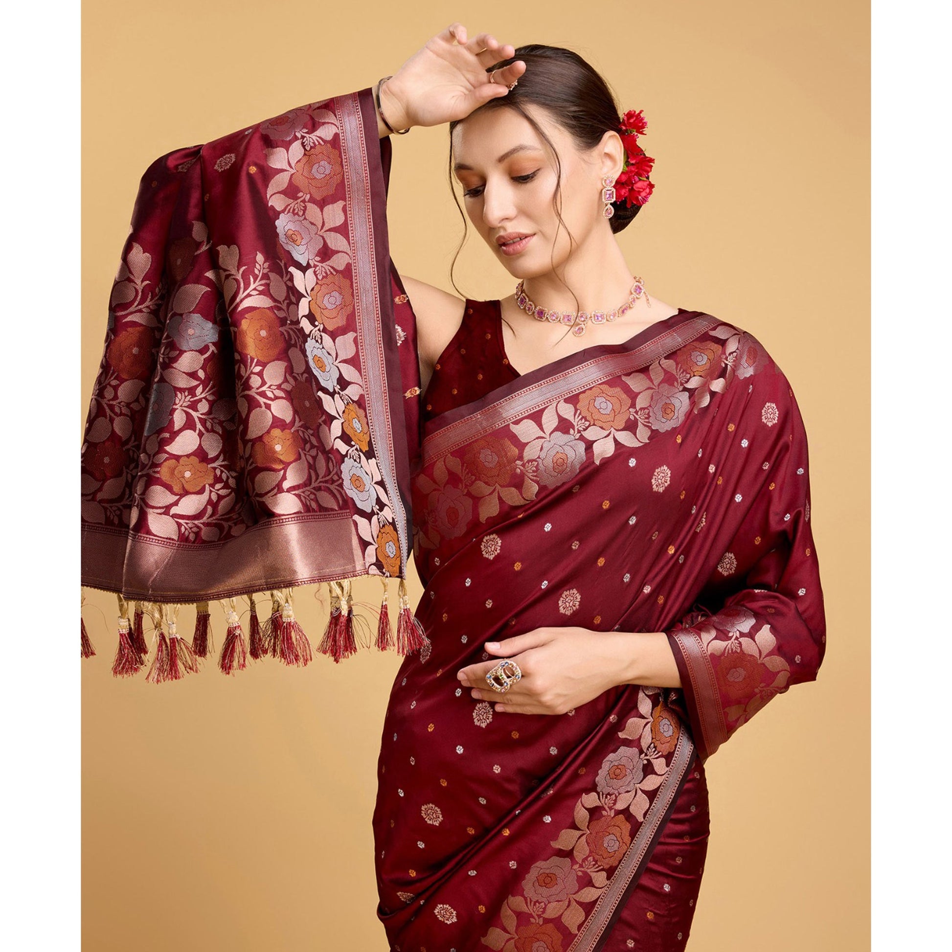 Maroon Floral Woven Banarasi Silk Saree