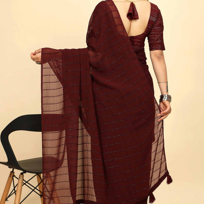 Dark Maroon Striped Zari Woven Chiffon Saree With Tassels