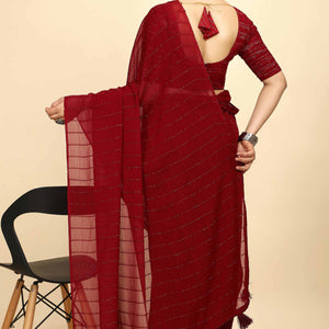 Dark Red Striped Zari Woven Chiffon Saree With Tassels