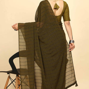 Mehendi Green Striped Zari Woven Chiffon Saree With Tassels