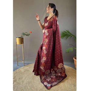 Maroon Floral Zari Woven Pure Silk Saree