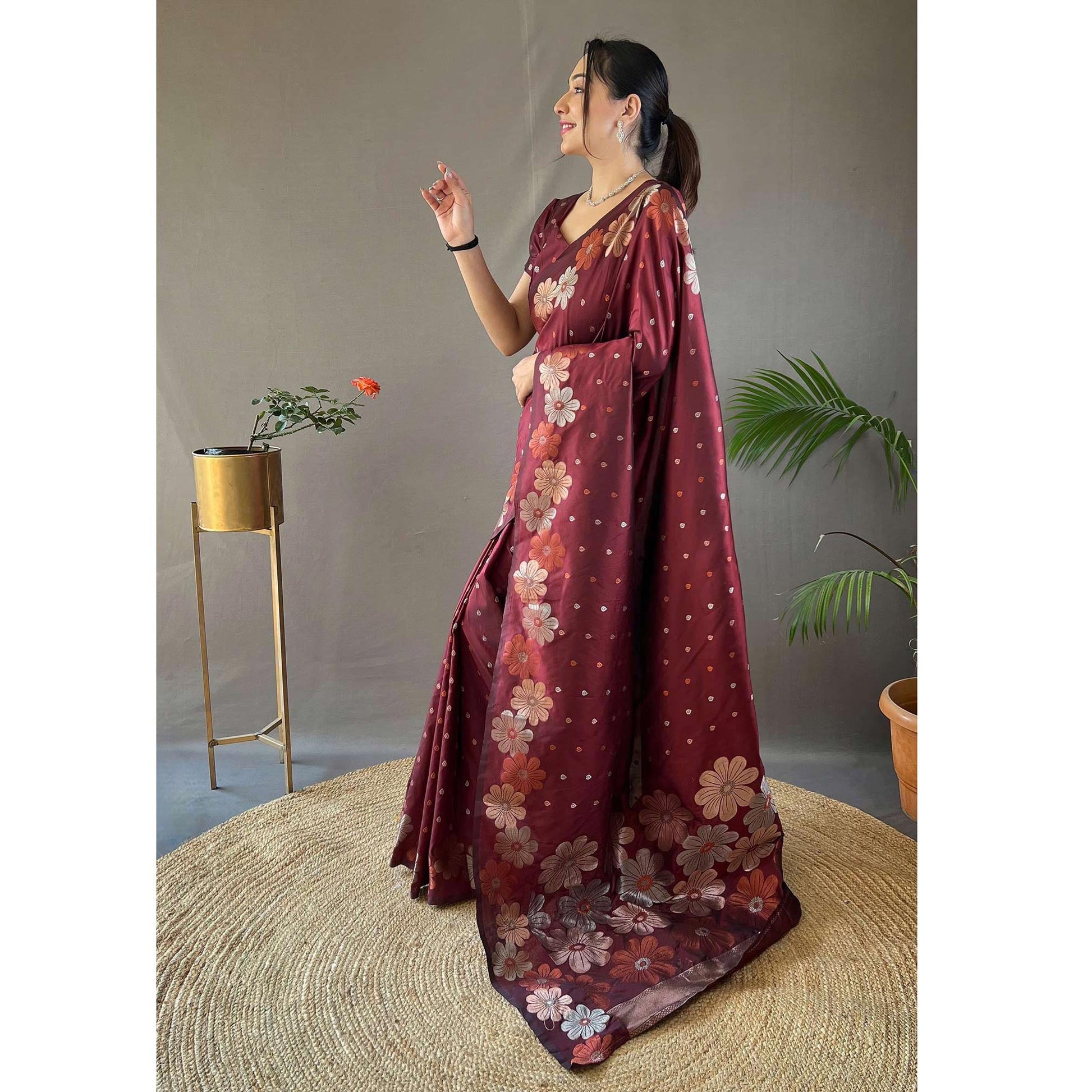 Maroon Floral Zari Woven Pure Silk Saree