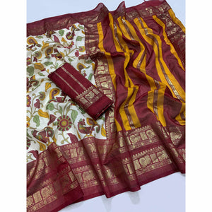 Maroon Floral Printed Dola Silk Saree