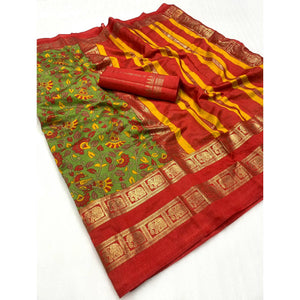 green-floral-kalamkari-printed-dola-silk-saree