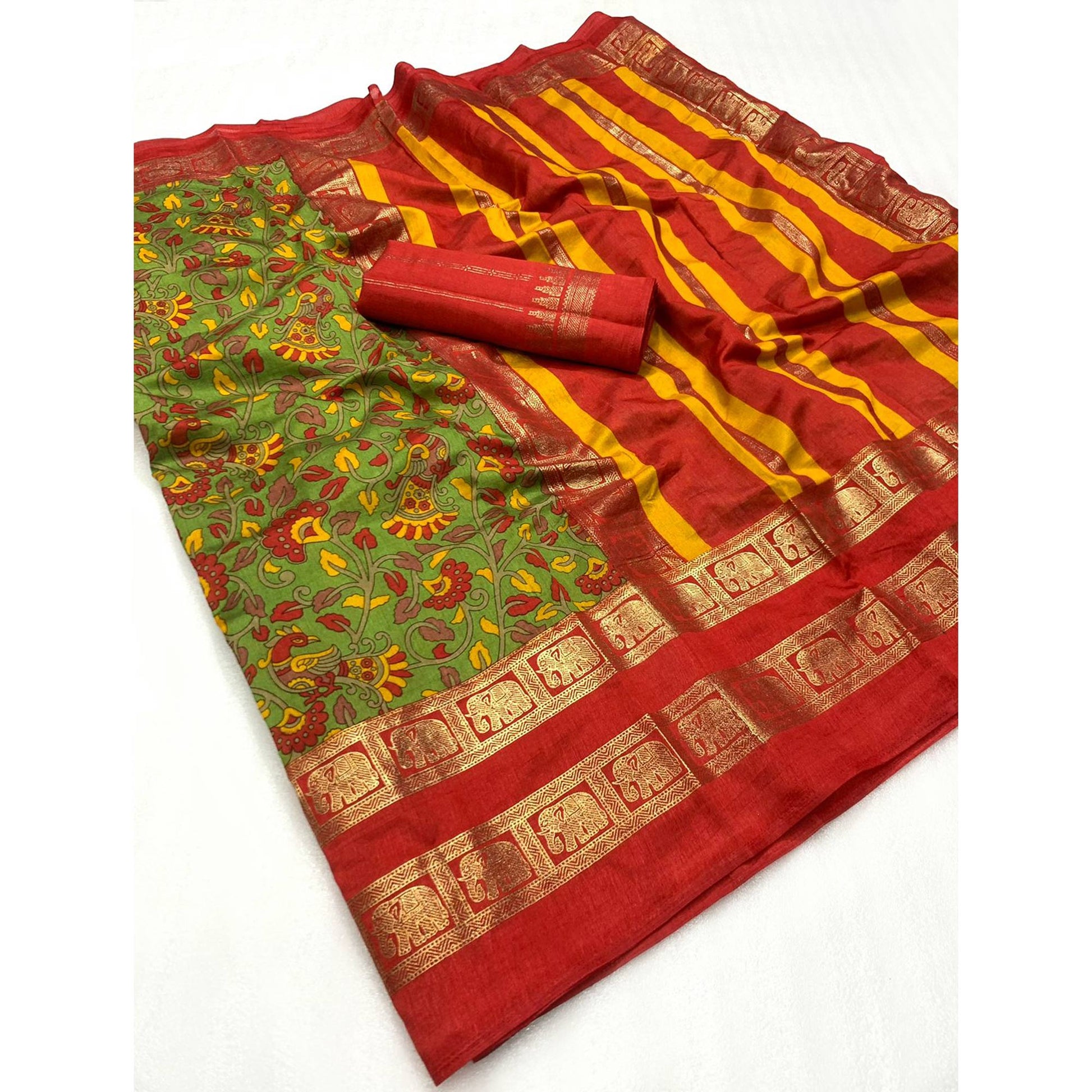 green-floral-kalamkari-printed-dola-silk-saree