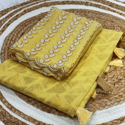 Lemon Yellow Geometric Foil Printed Georgette Saree With Tassels