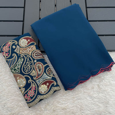 Blue Solid Georgette Saree With Embroidered Border