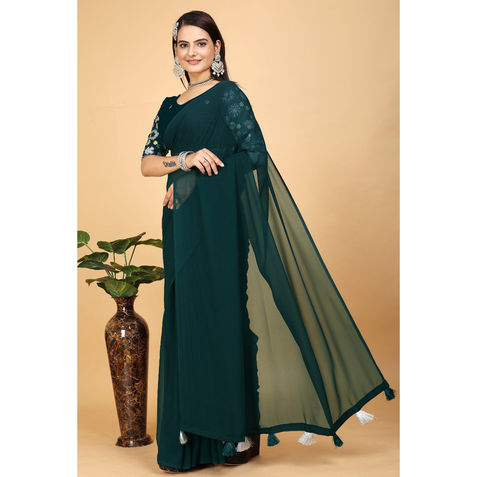 Dark Teal Solid Georgette Saree With Tassels