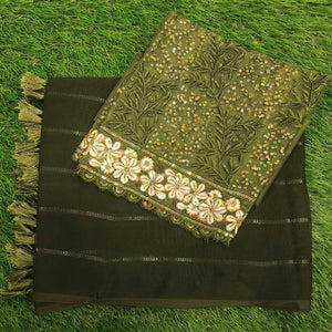 Mehndi green Woven Georgette Saree with Tassels