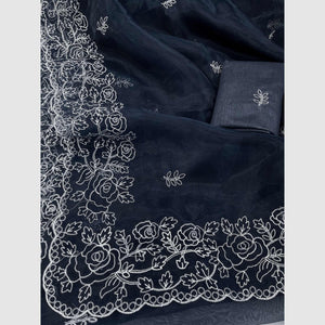 Dark Grey Floral Embroidered Organza Saree