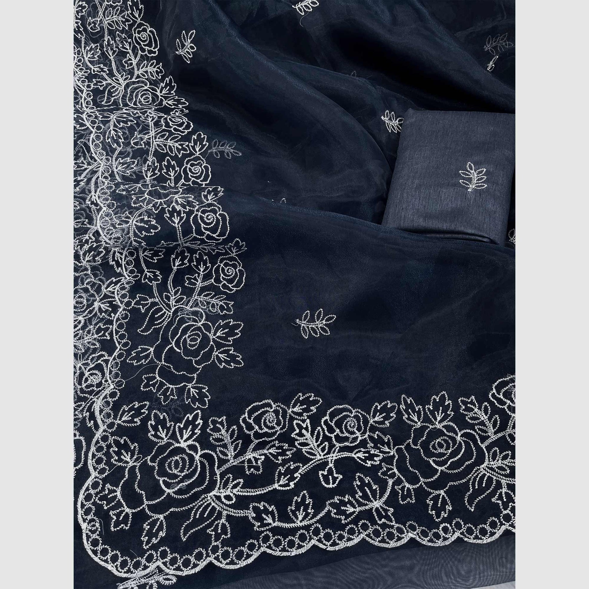 Dark Grey Floral Embroidered Organza Saree