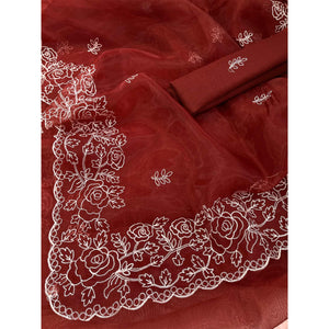Maroon Floral Embroidered Organza Saree