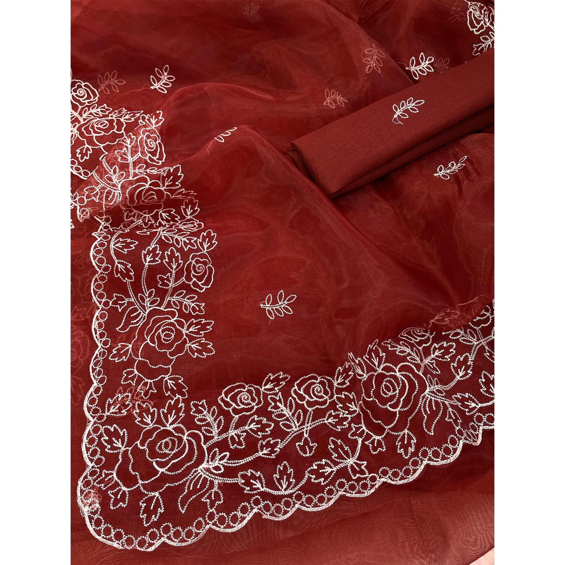 Maroon Floral Embroidered Organza Saree