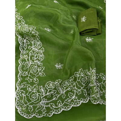 Mehendi Green Floral Embroidered Organza Saree