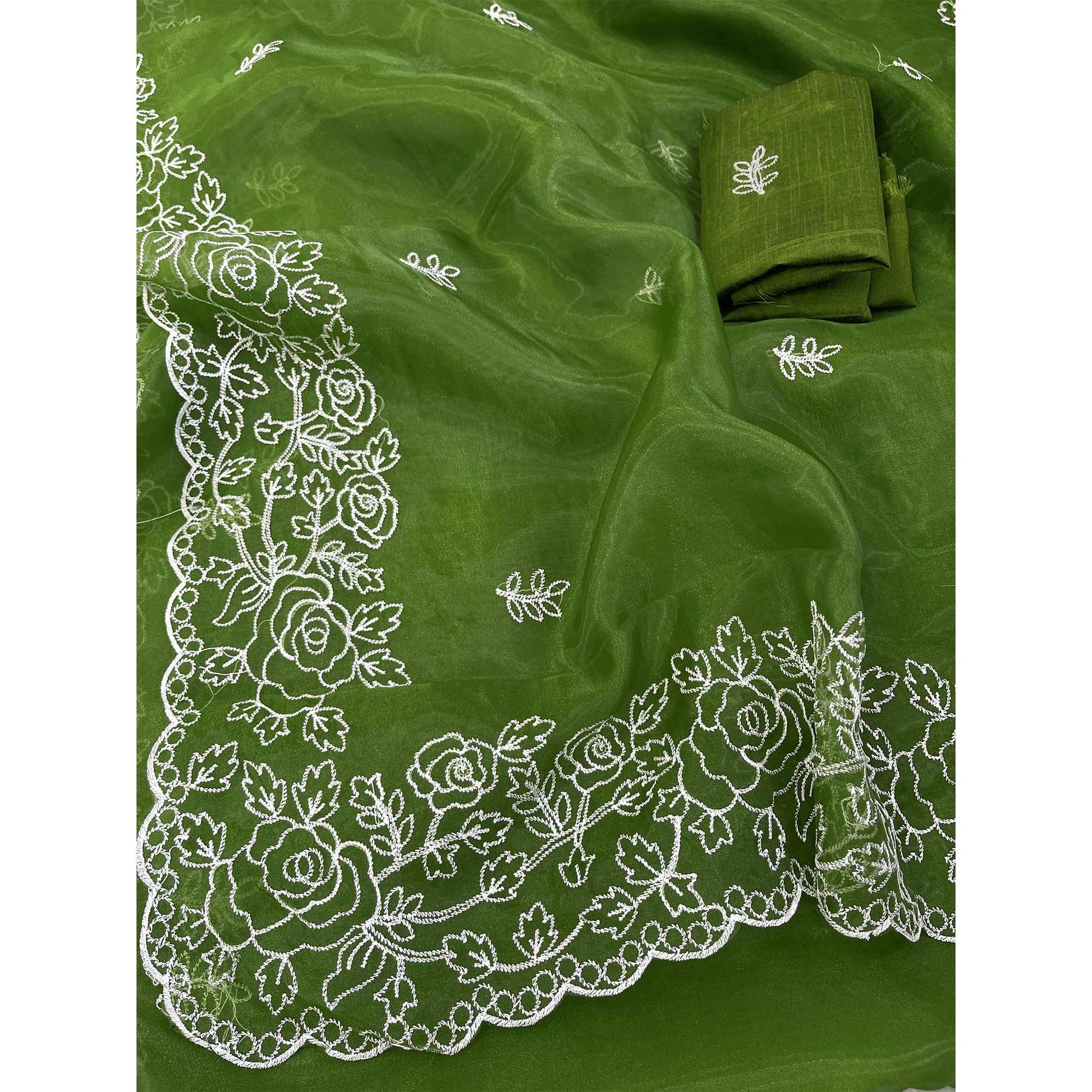 Mehendi Green Floral Embroidered Organza Saree