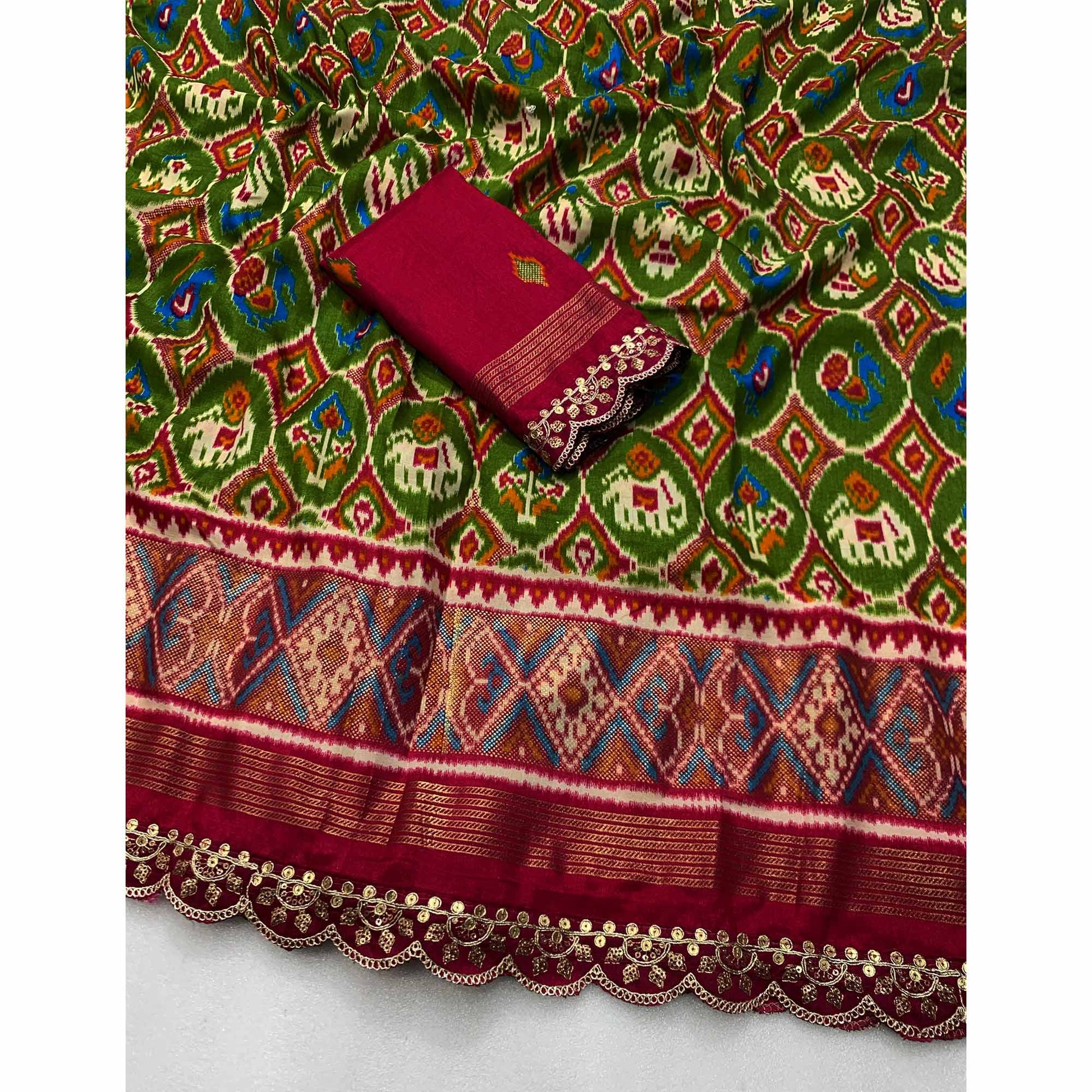 green-ikkat-foil-printed-silk-saree-with-sequins-embroidery-border