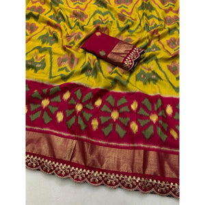green-pink-ikkat-foil-printed-silk-saree-with-sequins-embroidery-border