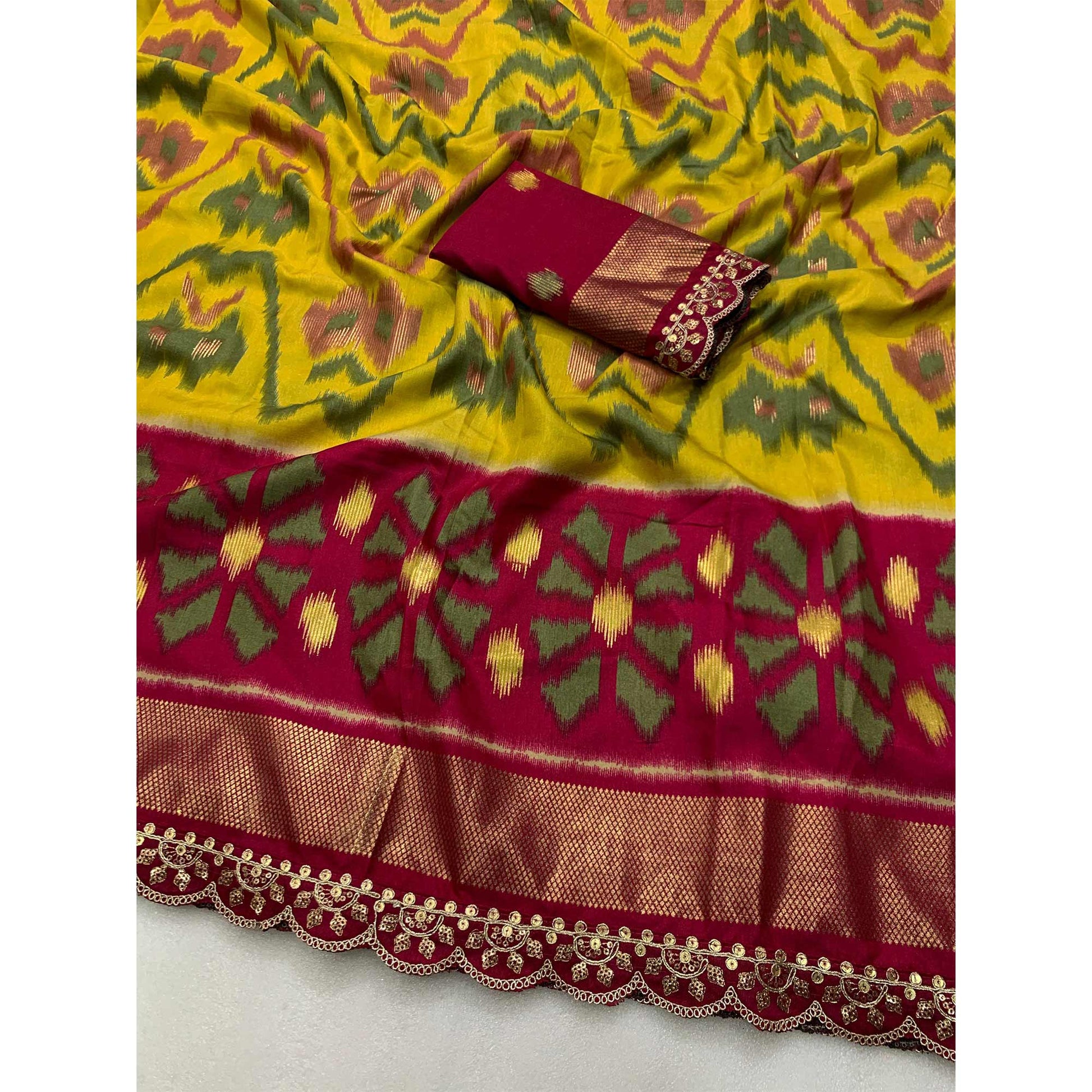 green-pink-ikkat-foil-printed-silk-saree-with-sequins-embroidery-border