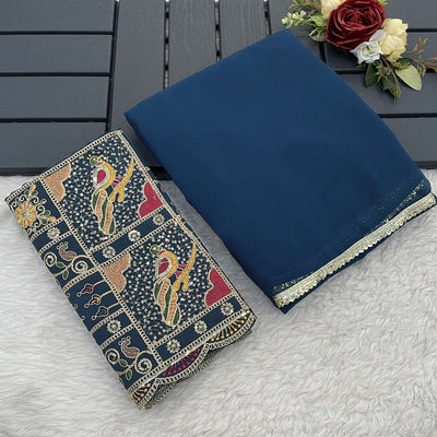 Blue Solid Georgette Saree With Sequins Embroidered Border