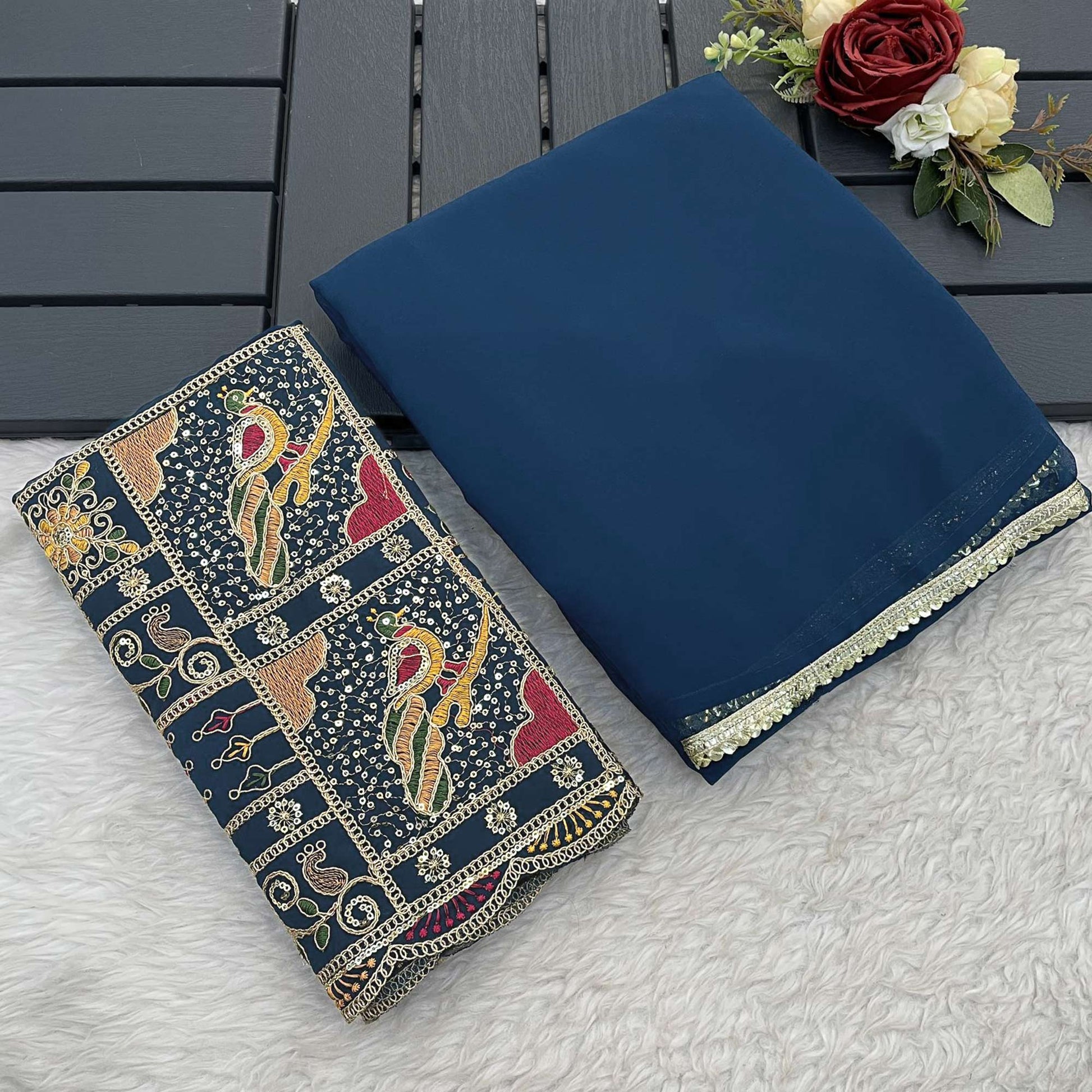 Blue Solid Georgette Saree With Sequins Embroidered Border