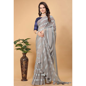 Grey Zari Striped Georgette Saree With Tassels
