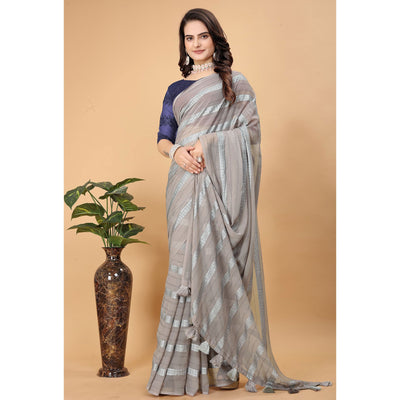 Grey Zari Striped Georgette Saree With Tassels