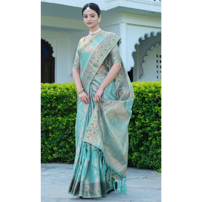 Blue Woven Organza Saree With Tassels