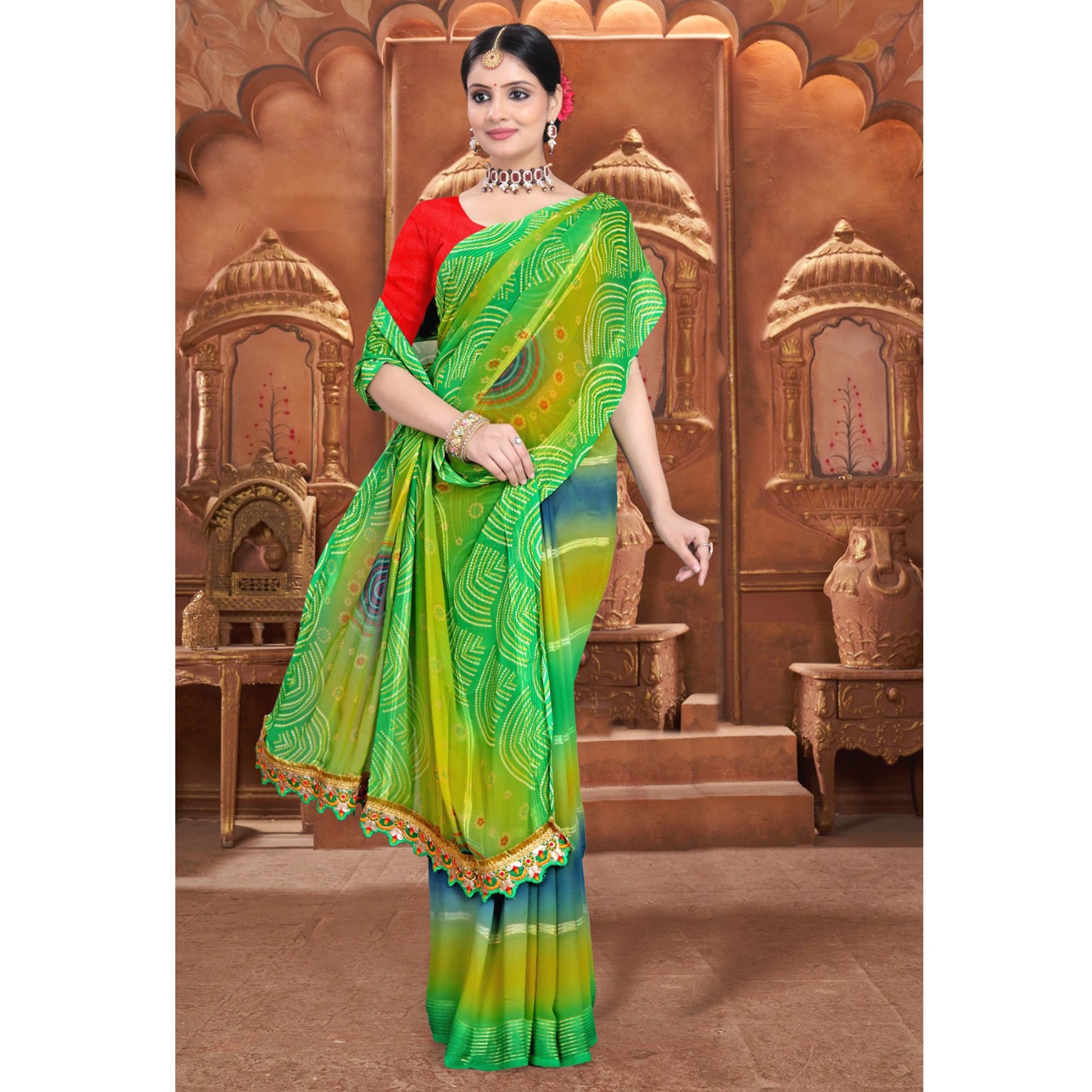 green-bandhani-printed-georgete-saree-with-zari-border