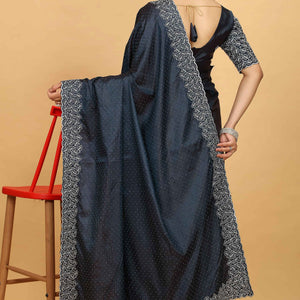 Dark Grey Swarovski Work Paper Silk Saree With Embroidery Zari Border
