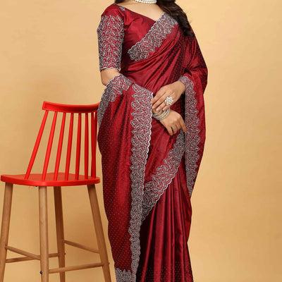 Maroon Swarovski Work Paper Silk Saree With Embroidery Zari Border