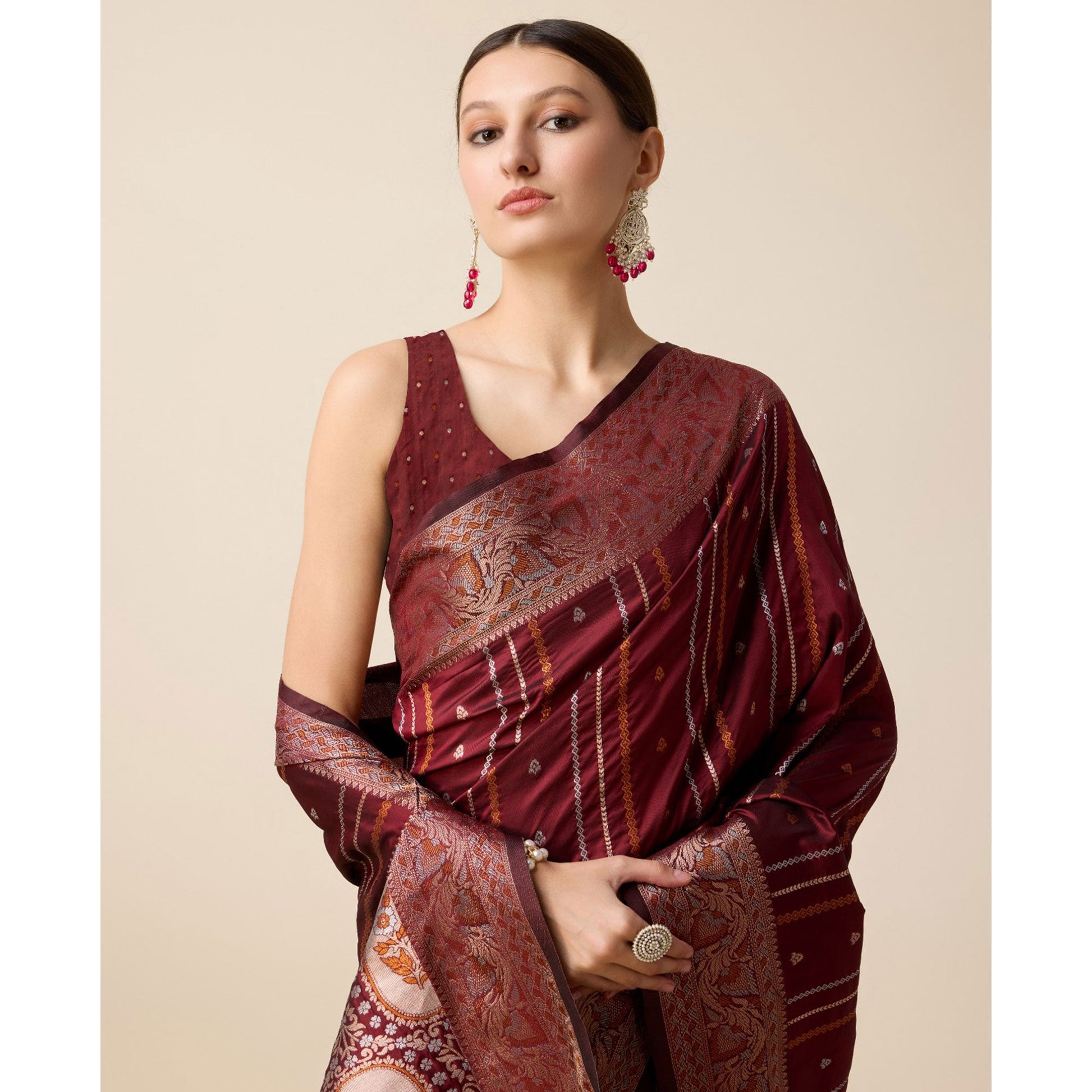 Maroon Floral Woven Pure Silk Saree