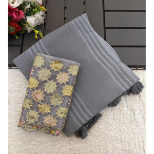 Grey Zari Striped Woven Georgette Saree