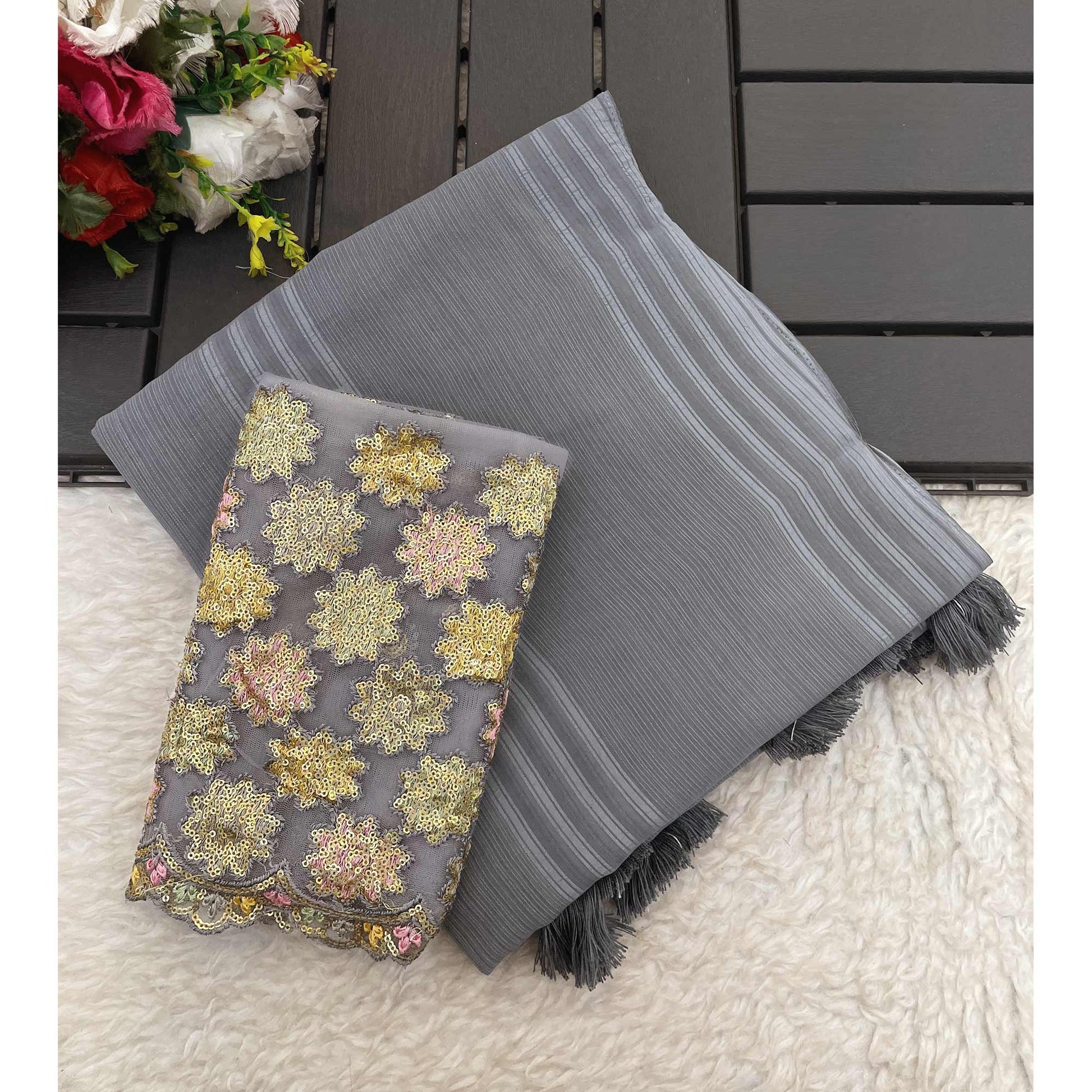 Grey Zari Striped Woven Georgette Saree