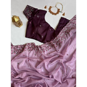 Light Purple Floral Embroidered Organza Saree