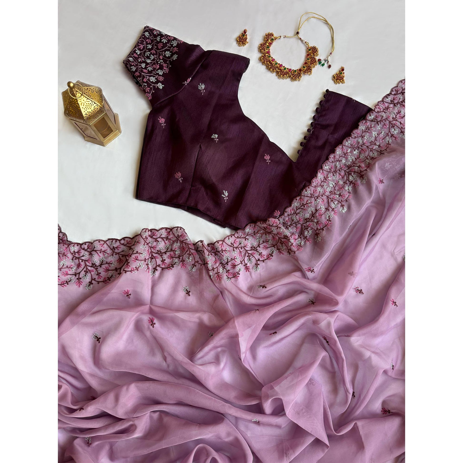 Light Purple Floral Embroidered Organza Saree