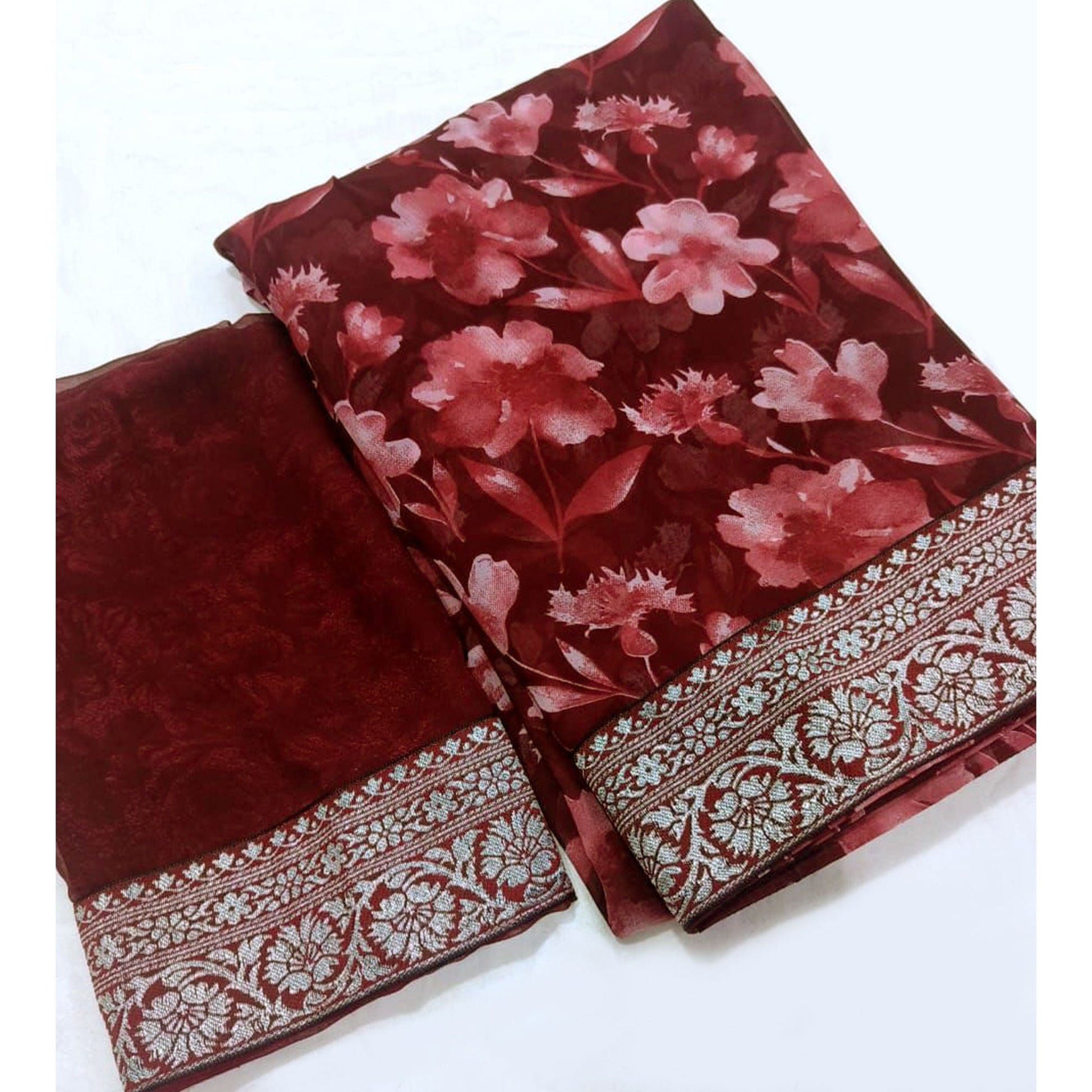 Maroon Floral Printed Georgette Saree With Woven Border
