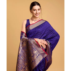 Blue Woven Pure Silk Saree With Tassels