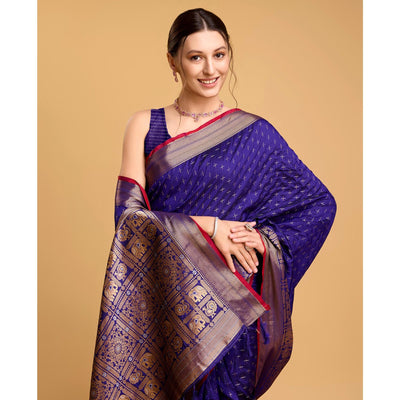 Blue Woven Pure Silk Saree With Tassels