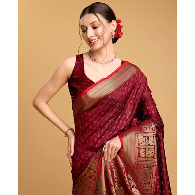 Maroon Woven Pure Silk Saree With Tassels
