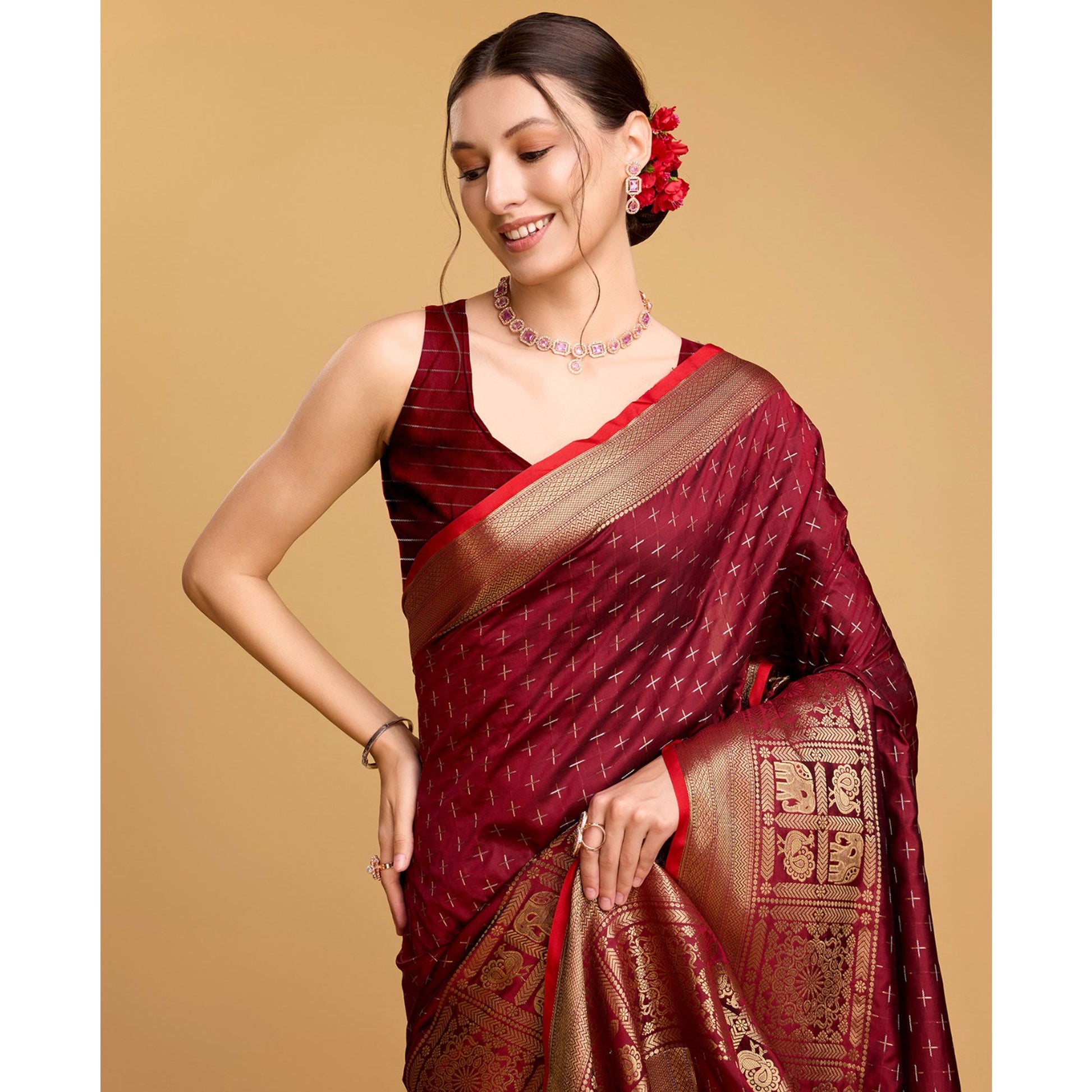 Maroon Woven Pure Silk Saree With Tassels