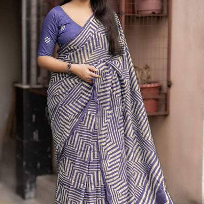 Lavender Digital Printed Linen Cotton Saree