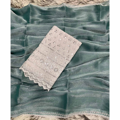 Dusty Blue Solid Chiffon Saree Saree With Lace Border