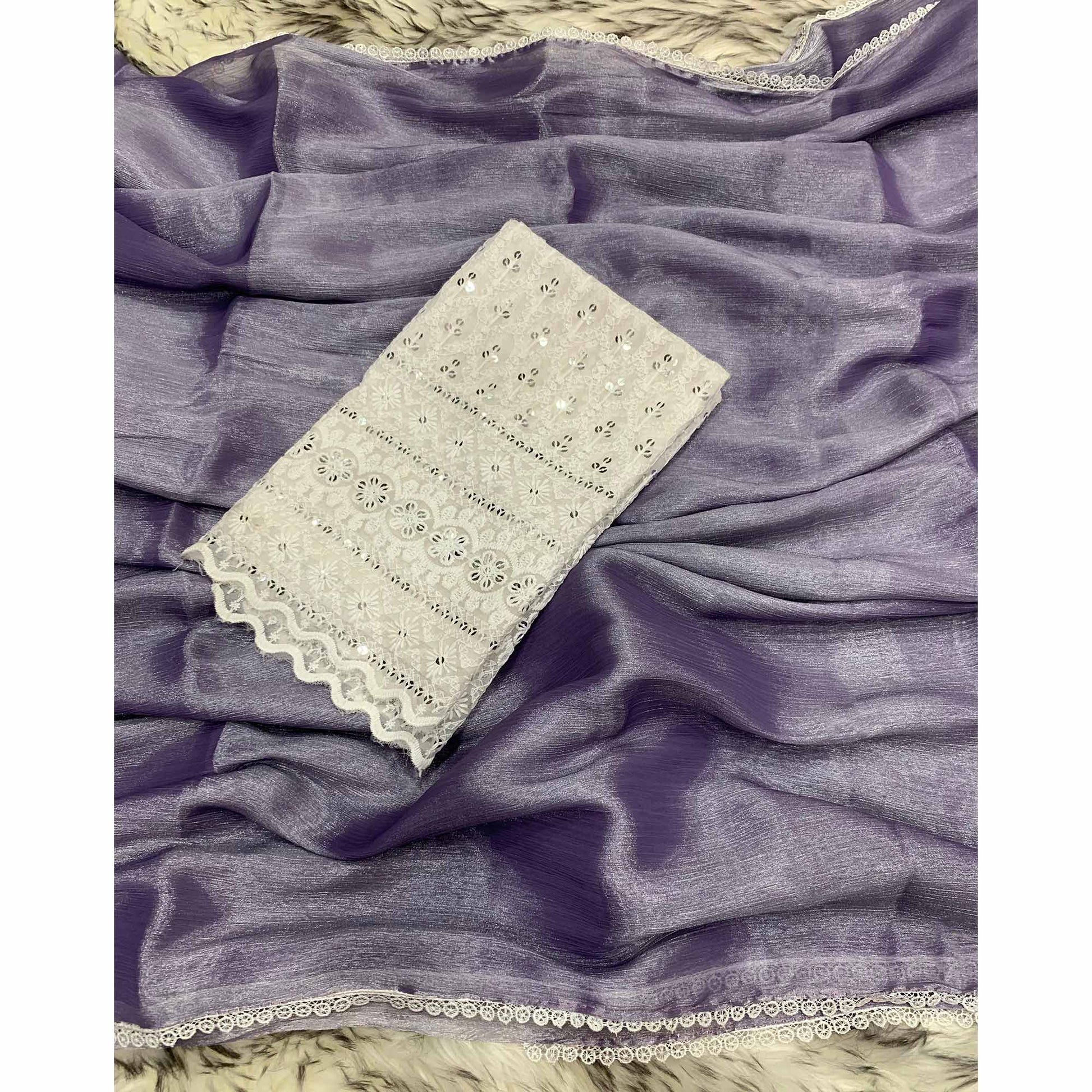 Lavender Solid Chiffon Saree Saree With Lace Border