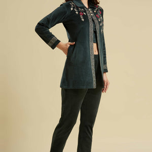 green-embroidered-velvet-front-slit-top-bottom-set