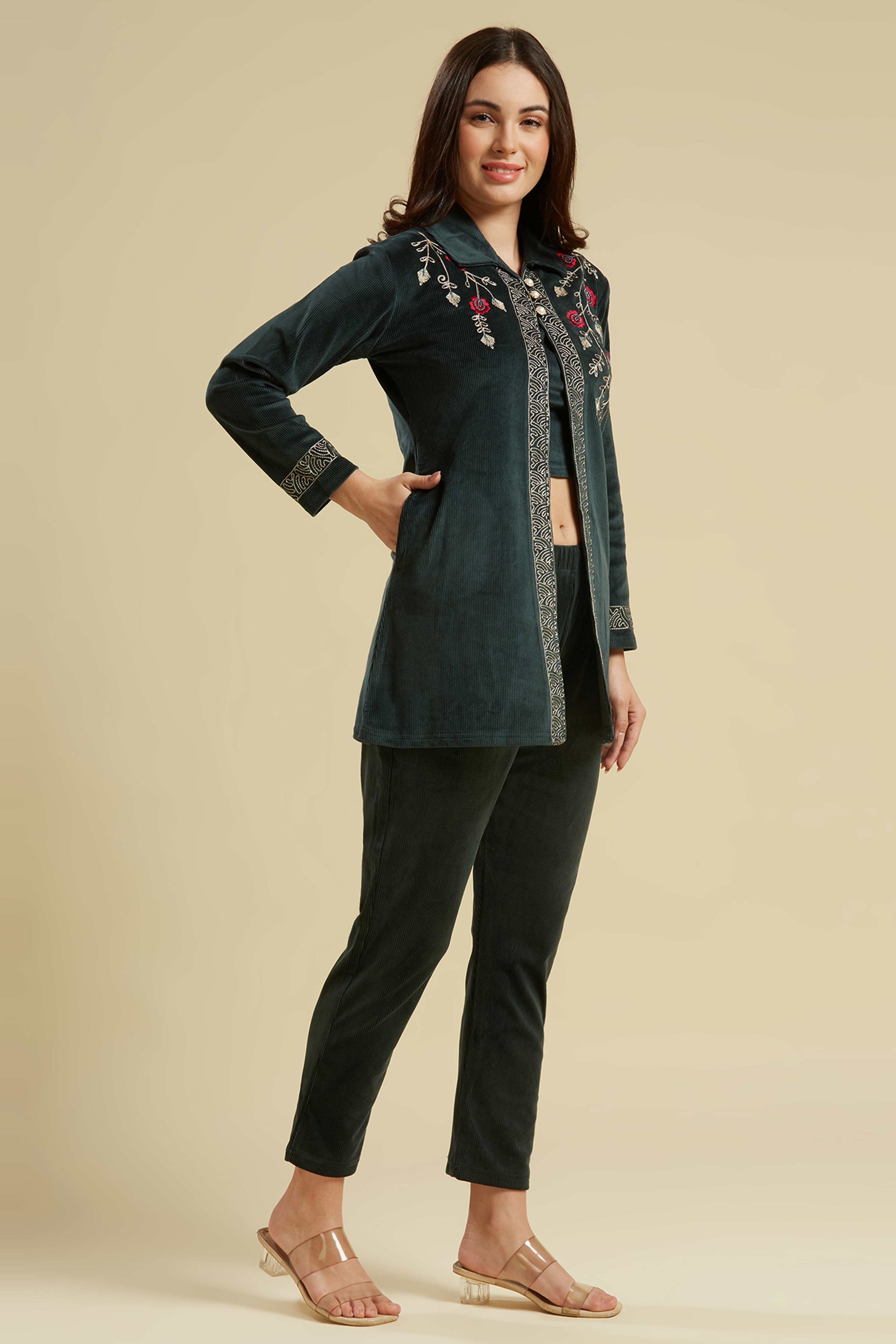 green-embroidered-velvet-front-slit-top-bottom-set