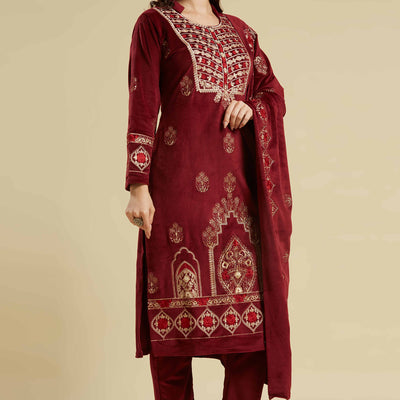 Maroon Embroidered Velvet Straight Salwar Suit