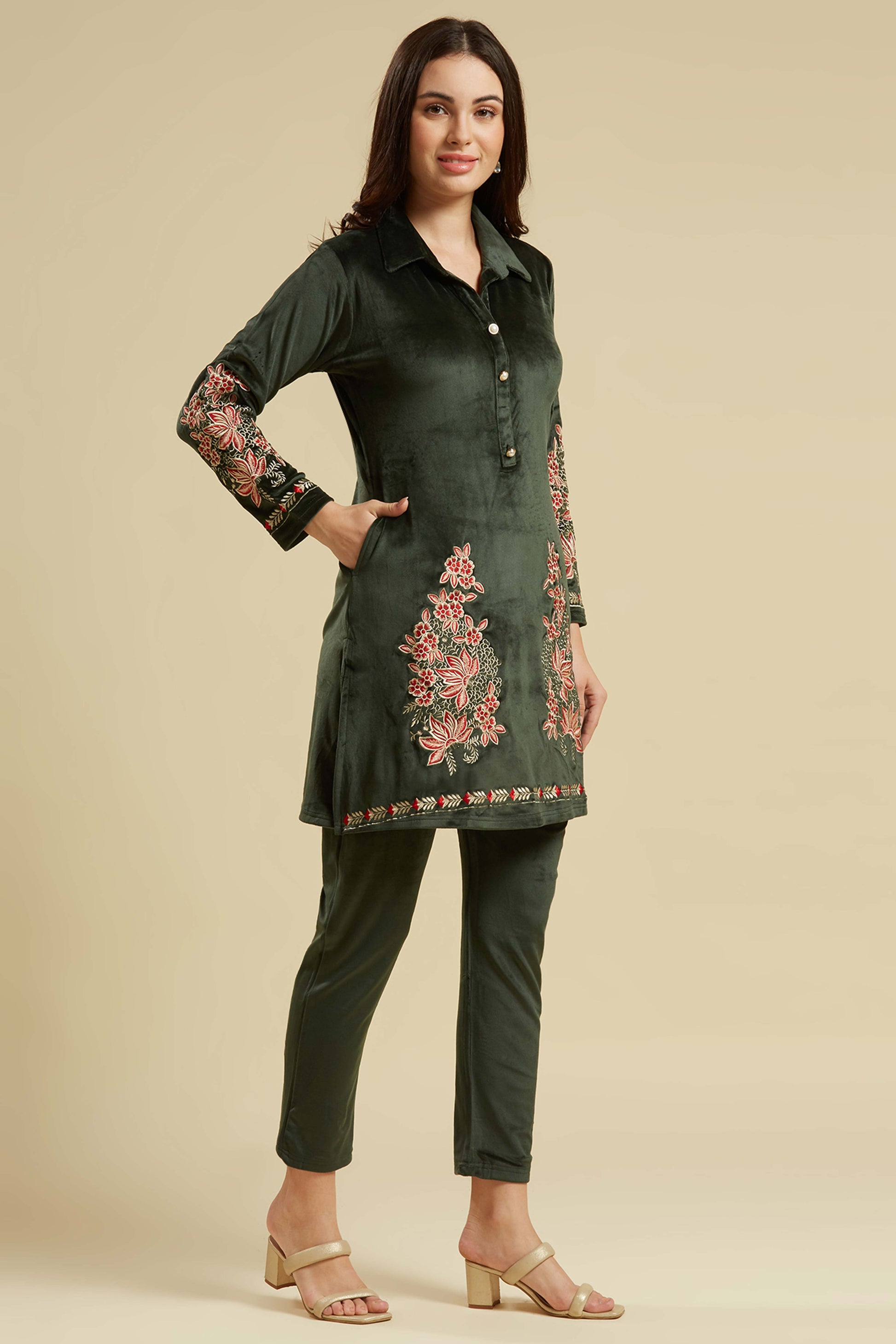 green-embroidered-velvet-straight-top-bottom-set