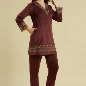 Brown Embroidered Velvet A-Line Top Bottom Set