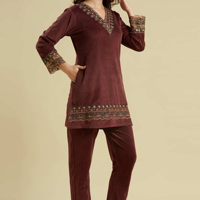 Brown Embroidered Velvet A-Line Top Bottom Set